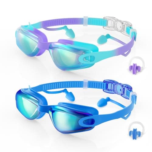 Aegend Kids Swim Goggles 2-Pack, Anti-Fog Waterproof Swimming Glasses UV Protection for Boys Girls Ages 3-15, with Earplugs and Quick Adjust, Nose Clip Included