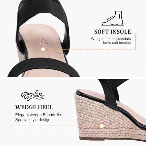 Jeossy Women's Espadrille Wedge Black Sandals Comfortable Platform 3.5 Inch Wedges Heel with Arch Support, Summer 8801 Sandals for Beach, Wedding, Casual & Dressy Wear, Size 6(DJY8801 Black 06) - Thumbnail 6