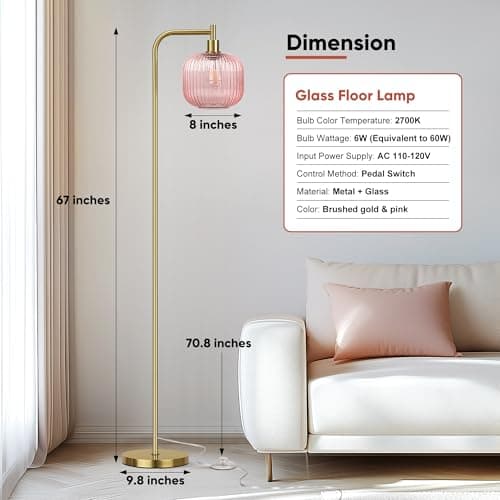 QiMH Glass Floor Lamp for Living Room, 67” Modern Standing Lamp with Pink Ribbed Glass Lampshade Pedal Switch Tall Lamp for Bedroom, Brushed Gold (2700K LED Bulb Included) - Thumbnail 4
