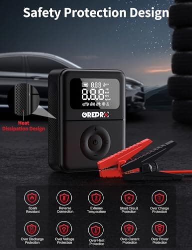 GREPRO Jump Starter with Air Compressor, 5000A Battery Jumper Starter Portable(10.0L Gas/8.0L Diesel),150PSI Tire Inflator 12V Car Battery Booster with Jumper Cables, Digital Display, LED Flashlight - Thumbnail 5