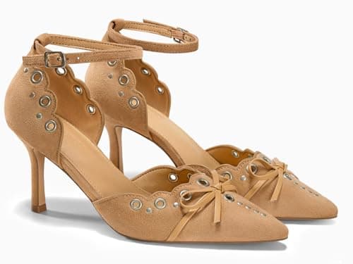 Coutgo Womens High Heels Bow Tie Closed Pointed Toe Stiletto Ankle Strap Studded Suede Dress Shoes, Khaki, Size 8 - Thumbnail 5
