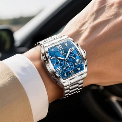 OLEVS Watches Men Blue Face Rectangle Tonneau Fashion Fancy Silver Stainless Steel Dress Wrist Watches Waterproof Chronograph Luminous Battery Luxury Big Dial Watches for Men Relojes para Hombres - Thumbnail 3
