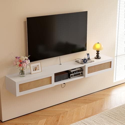 FurniNova 55" Floating TV Stand with Natural Rattan Doors, Boho Wall Mounted Media Console for Up to 65 inch TV, Modern Plyood Entertainment Center with Storage & Cable Management, White - Thumbnail 2