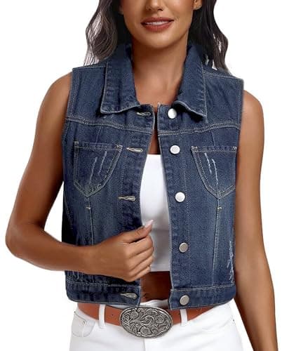 J.Corrine Women’s Denim Vest Sleeveless Classic Cropped Distressed Spread Collar Button Jean Vest Jackets With Pockets Dark Blue S - Image 1