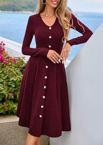Lazysmile Long Sleeve Fall Winter Dresses for Women V Neck Button Down A Line Swing Casual Knit Sweater Dress Wine Red - Thumbnail 6