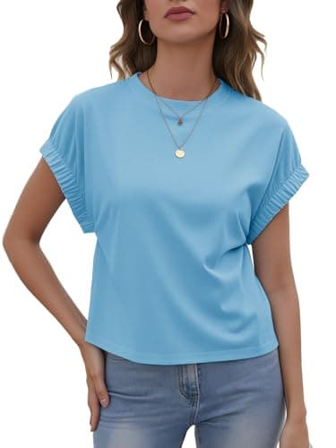 Womens Summer Crop Tops Cap Sleeve Tshirt Summer Crew Neck Solid Color Shirts Blue - Image 1