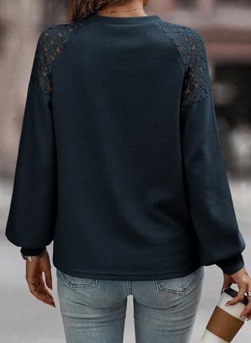 EVALESS Womens Long Sleeve Shirts Business Casual Work Lace Patchwork Spring Fall Tops for Women 2025 Trendy Crewneck Waffle Knit Basic Tee Loose Fit Ladies Tops and Blouses Clothes Blue Small - Thumbnail 3