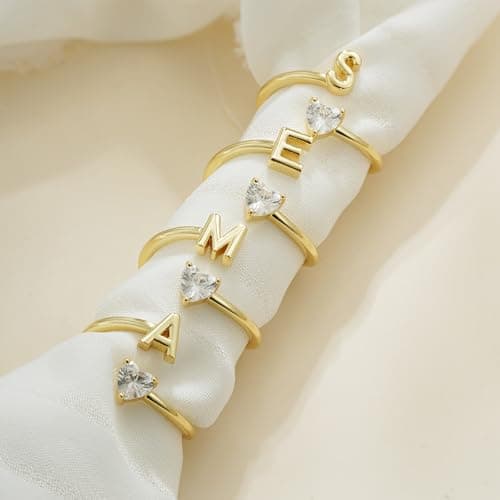Fezodo Initial Rings for Women Non Tarnish - 18K Gold Plated Initial V Ring Adjustable Heart Cubic Zirconia Rings for Women Gold Jewelry Gifts - Thumbnail 6