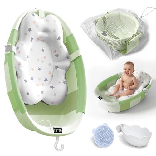 Collapsible Baby Bathtub - Large Baby Bath Tub with Thermometer | Bath Essential Bañera para Bebe Easy Fold Baby Tub | Travel Infant Newborn Toddler Bathtub for Baby Girl Boy 0 to 36 Months(Green)