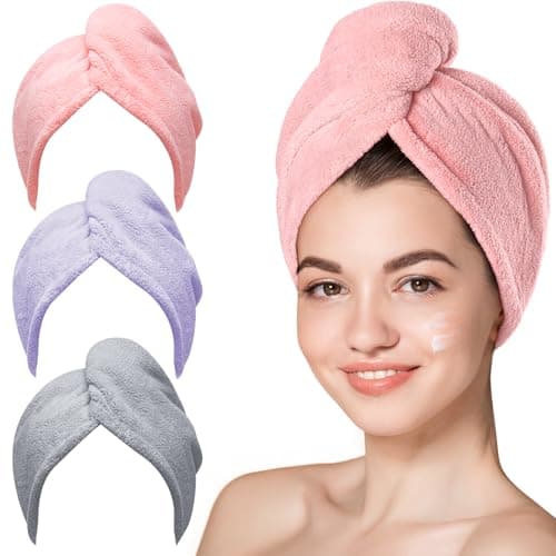 Hicober Microfiber Hair Towel, 3 Packs Hair Turbans for Wet Hair, Drying Hair Wrap Towels for Curly Hair Women Anti Frizz (Pink,Purple,Grey) - Image 1