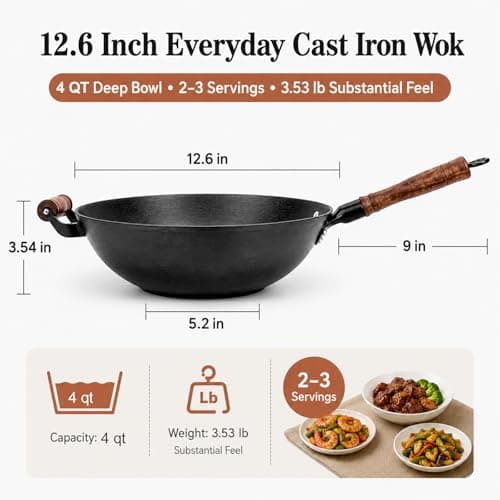 WANGYUANJI Cast Iron Wok Pan with Lid (12.6 Inch) - Handcrafted Flat Bottom Chinese Stir Fry Skillet for Induction, Electric & Gas - Walnut Wood Handle, No Coating - Thumbnail 3