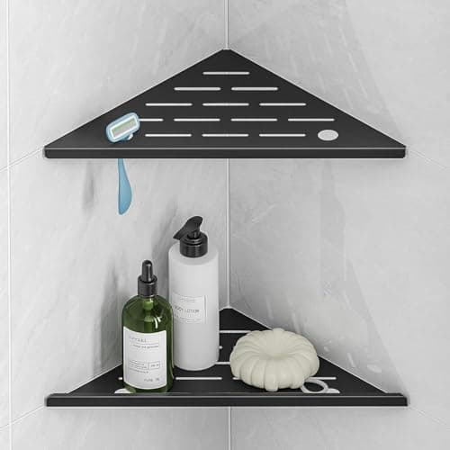 HBXS Corner Shower Shelves with Razor Hole, Modern Sturdy Shower Shelves Corner, 10" 304 Stainless Steel Shower Organizers Corner Shelf for Tile Wall, No Drilling Grout Mount Bathroom Shelf - Image 1