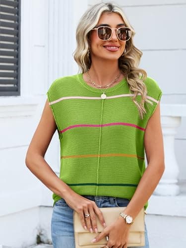 Bellcoco Womens Cap Sleeve Summer Tops Striped Sweater Vest Lightweight Casual Crewneck Loose Knit Pullover Tank Top Beach Vacation Outfits Green XXL - Thumbnail 6