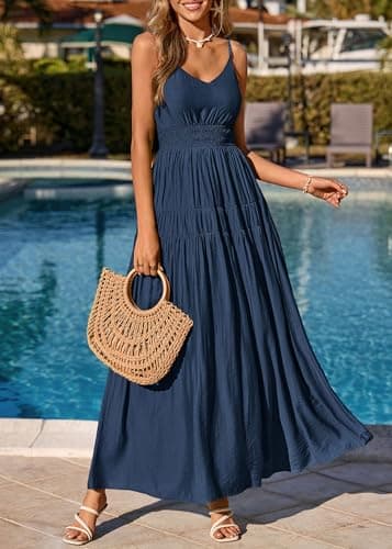 KIRUNDO Summer Dresses for Women Spaghetti Strap Sleeveless High Waist Flowy Boho Maxi Dress Beach Vacation Long Sundress(Navy Blue, Large) - Thumbnail 6