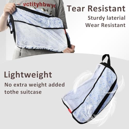 U+U 10 Set Compression Packing Cubes - Ultralight Travel Organizers with Laundry Bag and Cosmetic Bag, Space-Saving Suitcase Organizer for Travel, Business Trip and Family Vacation (Blue Flower) - Thumbnail 5