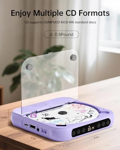ENVYCLOUD CD Player Portable with Dual Stereo Speakers, Rechargeable Portable CD Player with Bluetooth for Home with Headphones, Support CD/AUX/USB, Purple - Thumbnail 2