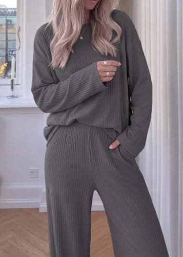 KIRUNDO Spring 2 Piece Lounge Sets for Women Long Sleeve Ribbed Knit Tops Wide Leg Pants Matching Travel Outfits Postpartum(Dark Grey, XX-Large) - Thumbnail 6