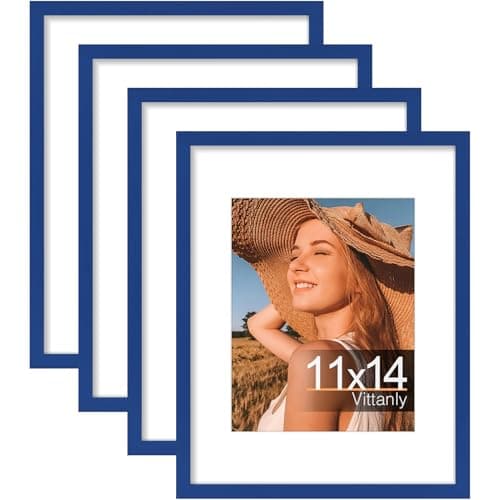Vittanly 11x14 Picture Frames Set of 4, Display Pictures 8x10 with Mat or 11x14 without Mat, Gallery Wall Frame Set for Wall or Tabletop, Engineered Wood with Shatter Resistant Plexiglass, Royal Blue - Image 1