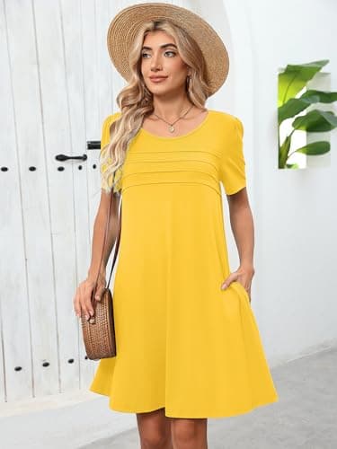 Heymoments Women's Short Sleeve Dress Yellow XX-Large Plus Size Crewneck Casual Flowy Above Knee Length Sundress Comfortable Shirt Work Summer Cheap Dresses with Pockets - Thumbnail 2