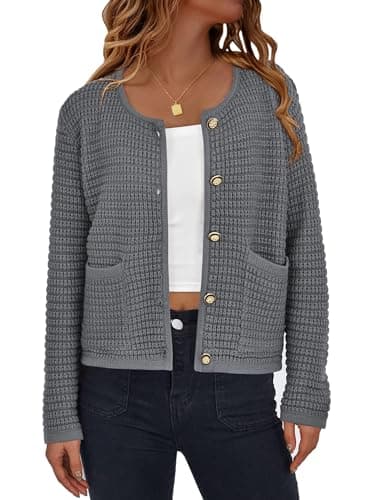 PRETTYGARDEN Women Knit Cardigan Sweaters Fall Fashion Long Sleeve Open Front Button Down Trendy Casual Jacket Winter Clothes (Grey,Large) - Image 1