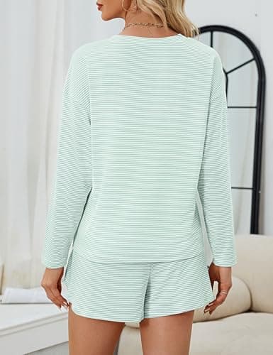JUSTFASHIONNOW Lounge Sets for Women Short Pajamas Set 2 Piece Fall Outfits Stripe Sleepwear Long Sleeve Split Shorts Sets Casual Sweatsuit Holiday Loungewear Cute Pjs (Cyan, XX-Large) - Thumbnail 5