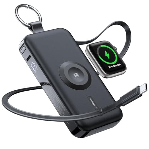 RORRY CharmGo Portable Charger, 12000mAh 30W Fast Charging Power Bank with Built-in Retractable USB C Cable, Battery Pack with Keychain, Travel Essentials for iPhone, Apple Watch, iPad, Black - Image 1