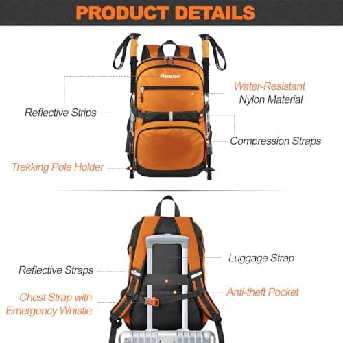 Seektop 40L Foldable Hiking Backpack for Women Men Lightweight Packable Travel Backpack Carry on Flight Approved for Outdoor Camping Sport Leisure (Orange) - Thumbnail 5