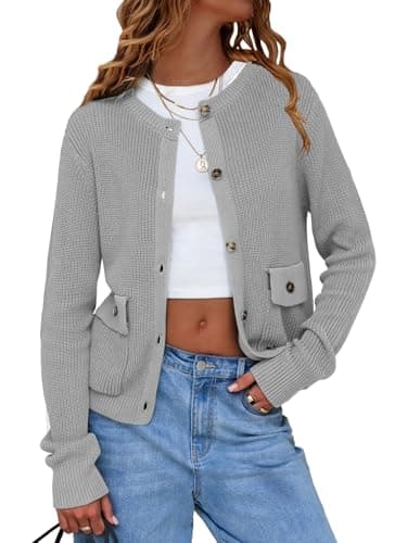 EXLURA Womens 2025 Knit Cardigan Sweaters Spring Fall Crewneck Open Front Button Jacket Fashion Outerwear Coats with Pockets Grey - Image 1