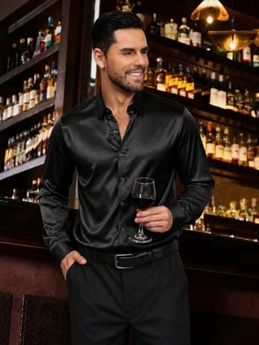 Vssjavun Men's Satin Dress Shirt Shiny Button Down for Party Club Disco - Thumbnail 6