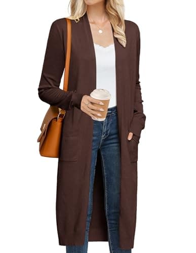 GRACE KARIN Brown Long Cardigan for Women Long Sleeve Open Front Knit Cardigan Duster with Pockets Chocolate Brown Fall Clothes Coffee,S - Image 1