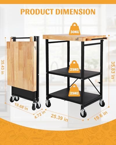 Mythinglogic Foldable Kitchen Storage Cart, 3-Tier Rolling Cart with Solid Oak Top, Heavy-Duty Metal Utility Rack for Microwave, Pots, Dish Set, Meal Prep Area, Kitchen Island on Lockable Wheels - Thumbnail 3