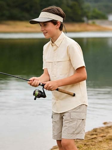 Funnycokid Boys Dress Shirts Button Down Short Sleeve Size 14 13 Teen Beige Casual Cotton Woven with 3 Pockets - Thumbnail 6