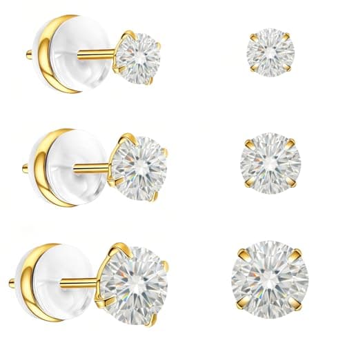 3 Pairs Moissanite Stud Earrings in 14K Gold Plated Titanium | HypoAllergenic Earrings for Women & Men (Gold 3/4/5mm) - Image 1