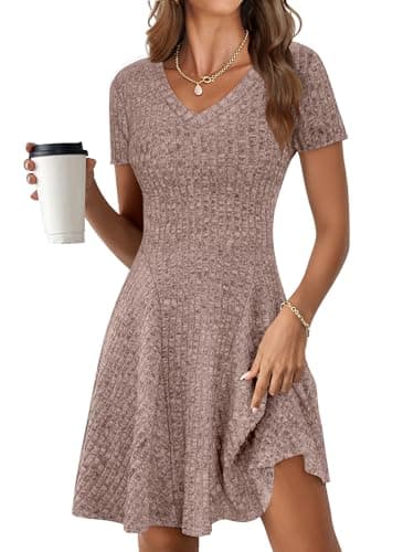 ANRABESS Womens Summer Dresses Casual Short Sleeve Ribbed Knit V Neck Swing A-Line 2026 Spring Vacation Tunics Short Dress Tan Medium - Image 1