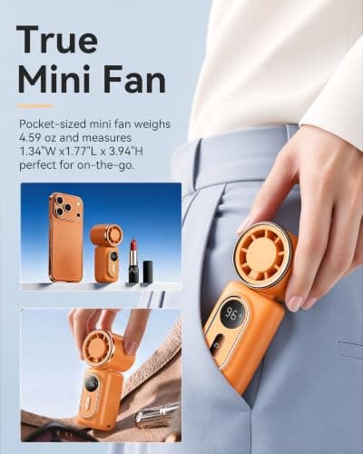 Mini Clip on Fan Handheld, 3000mAh Rechargeable Portable Fan with LED Display, 3-in-1 Personal Cooling Fan, 5 Speeds Quiet USB C Fan for Stroller Desk Travel Camping Office for Women Men Kids, Orange - Thumbnail 4