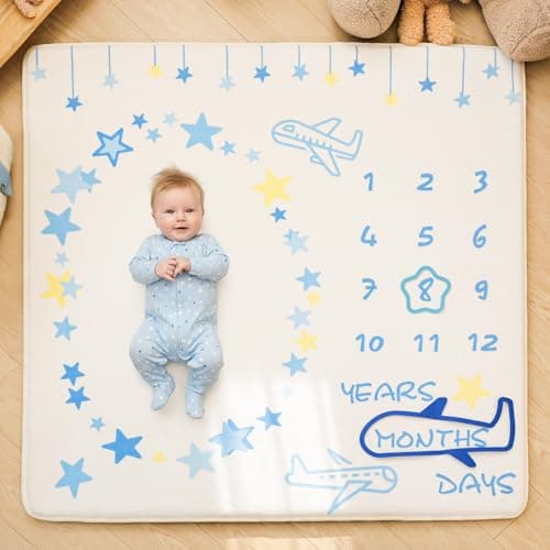 1.3" Thick Playmat for Floor, 50 x50 Monthly Milestone Mat, Padded Support Soft Plush Nursery Mat for Crawling Kick Activity, Flannel Photography Background Prop for Boys Grils