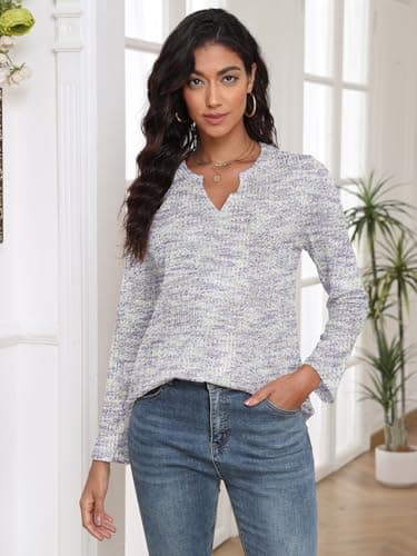 COCOMARTS Womens Waffle Knit V Neck Tops Long Sleeve Henley Shirts Casual Blouses Fall Winter Outfits 2025 Trendy Clothes Purple White Small - Thumbnail 2