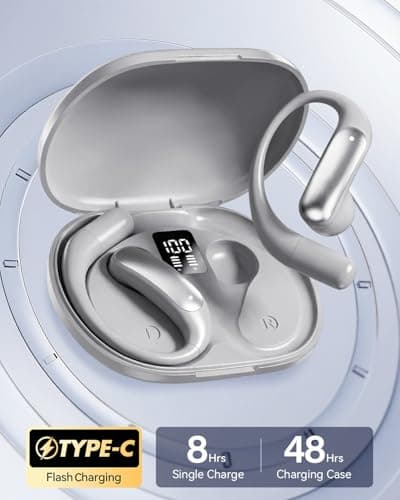 Wentronic Open Ear Headphones, Wireless Earbuds Bluetooth 5.4 with Digital Display, Secure Earhook, 48H Playtime, Enhanced Sound, Clear Calls, IP55 Waterproof Ultra-Light Sports Headphones - Silver - Thumbnail 5