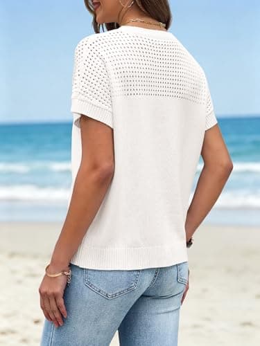 Anbech Womens Crochet Top Knitted Tops for Women Light Sweaters White Sweater Casual Outfits White, M - Thumbnail 3
