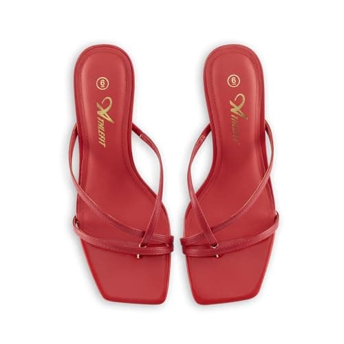 Athlefit Kitten Heels for Women Square Open Toe Strappy Flip Flop Heels Sexy Party Dress Shoes Thong Heeled Sandals Red Size 8 - Thumbnail 5