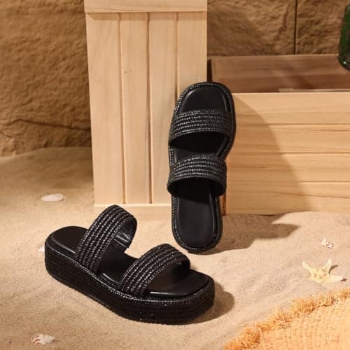 Erocalli Espadrilles for Women Platform & Wedge Sandals Slip on Open Toe Two Straps Cute Slides Summer Beach Straw Raffia Sandal Dressy Flatform Vacation Summer Outfits - Thumbnail 5