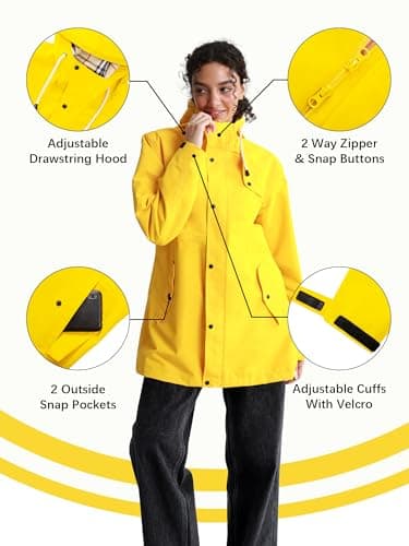 PITINAN Plus Size Lined Rain Jacket Waterproof Trench Coat Women Spring Fall Jackets Cover Hips Anti-Wrinkle Windbreaker Jacket Womens Rain Coat with Hood For Outdoor Activities Yellow XXL - Thumbnail 4