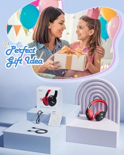 acer Kids Bluetooth Headphones, 85/94dB Volume Limiter, Foldable Wireless Over-Ear Headphones for iPad, Travel, 60H Playtime, Bluetooth 6.0, Built-in Mic, Black Red, OHR668 - Thumbnail 5