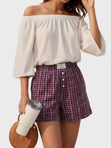 ANRABESS Shorts for Women 2026 Summer Casual Lounge Pajama Sleep Gingham Boxer Shorts Soft Comfy Beach Pj Bottoms Pockets Red Grey Plaid Large - Thumbnail 6