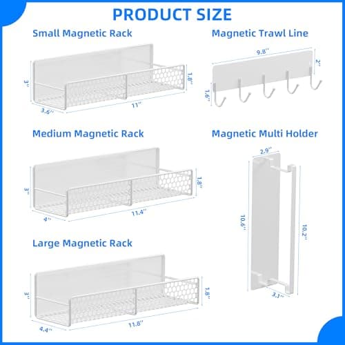 JulktLli 5 Pack Multifunctional Magnetic Shelves for Washing Machine & Refrigerator - Heavy Duty Laundry Room Organization System with Tool Hooks, Metal Storage Baskets (White) - Thumbnail 2