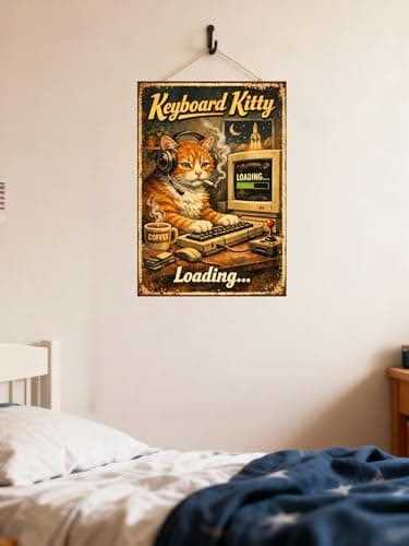 Keyboard Kitty Vintage Tin Sign Funny Cat Wall Decor Retro Computer Art Metal Plaque Geek Humor Loading Quote Coffee Desk Illustration Home Office 8x12 Inch Pre Drilled Holes - Thumbnail 3