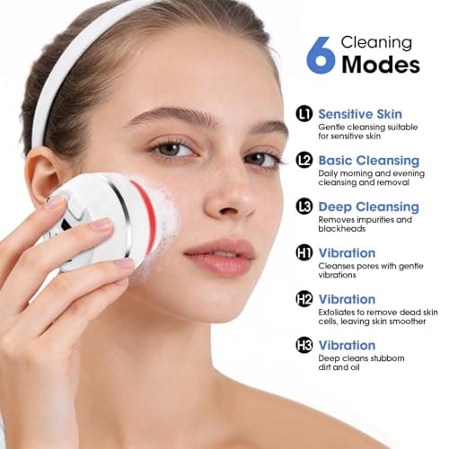 Electric Facial Cleaner with 6 Modes & 3 Light Effects, Rechargeable Waterproof Face Scrubber for Women and Men, Includes Extra Brush Head, Easy-Clean Hanging Design (White) - Thumbnail 3