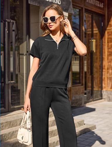difficort Two Piece Set for Women Summer Spring Outfits Travel Airport Beach Vacation Half Zip Sweatshirts Wide Leg Pants Set, Black, Large - Thumbnail 2