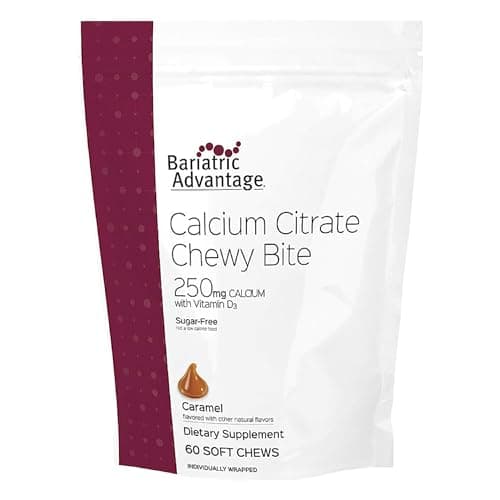 Bariatric Advantage Calcium Citrate Chewy Bites 250 mg with Vitamin D3 - Chewable Supplement for Bariatric Surgery Patients - Sugar-Free Calcium Chews - Caramel Flavor - 60 Count