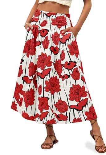 Wenrine Womens Floral Print Maxi Skirt High Waisted A Line Boho Flowy Beach Vacation Long Skirts with Pockets Red - Image 1